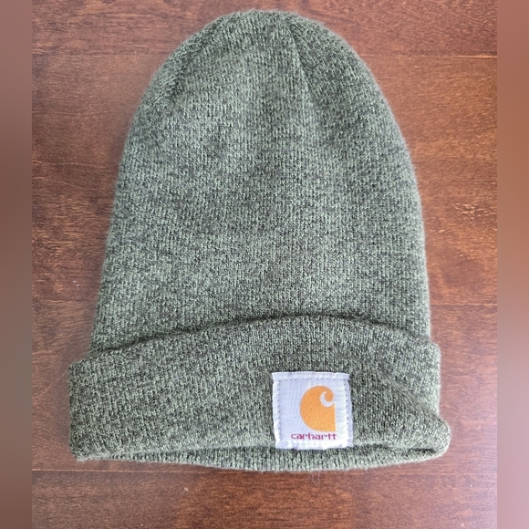 Carhartt Beanie Hat Cap Gray Yellow Acrylic Watch Fleece Graphic Logo Workwear - Picture 3 of 8